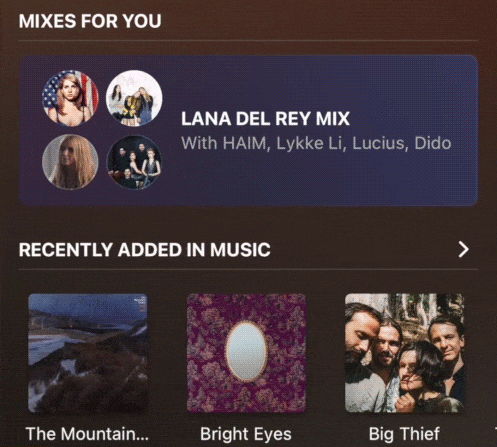   Visible is an animated GIF displaying a section of the Plexamp iOS homescreen. A "Mixes for You" section is being scrolled through, showing mixes for various artist. For example: a 2Pac Mix containing songs by various rap artists.