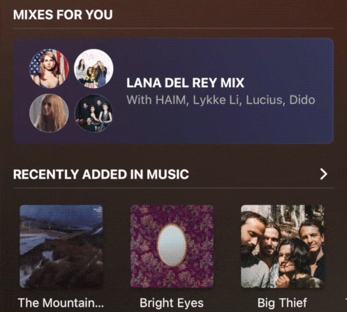 Visible is an animated GIF displaying a section of the Plexamp iOS homescreen. A "Mixes for You" section is being scrolled through, showing mixes for various artist. For example: a 2Pac Mix containing songs by various rap artists.